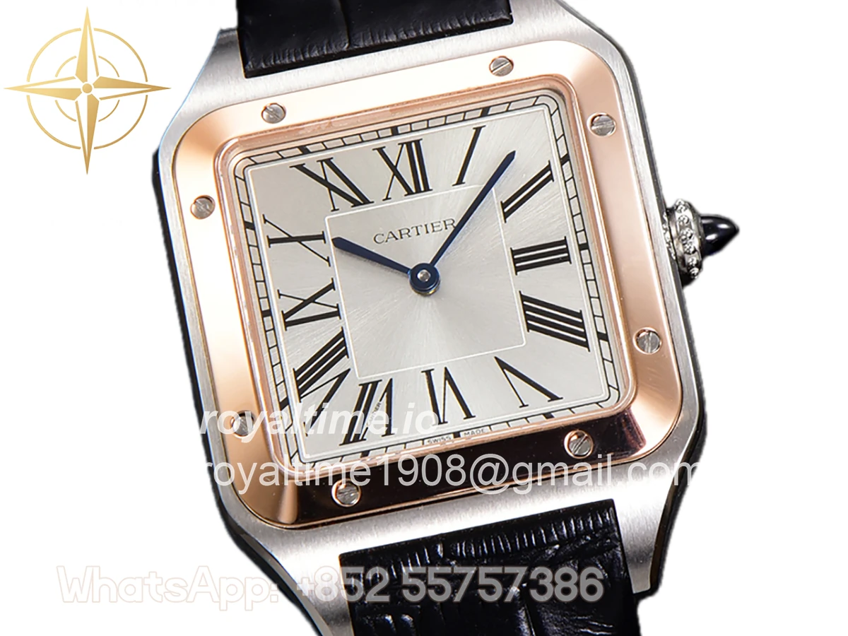 Cartier Santos-Dumont (Extra-Large) Silver Dial in Steel/Rose Gold on Black Leather Strap Ref. W2SA0017 - Image 2
