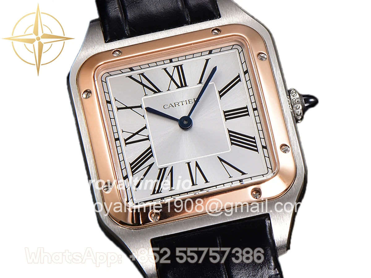 Cartier Santos-Dumont (Large) Silver Dial in Steel/Rose Gold on Black Leather Strap Ref. W2SA0011 - Image 2