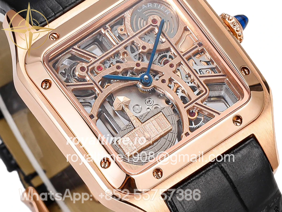 Cartier Santos-Dumont (Large) Skeleton Watch in Rose Gold on Black Leather Strap - Image 2