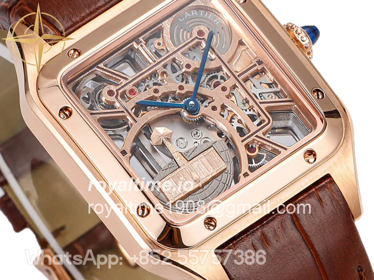 Cartier Santos-Dumont (Large) Skeleton Watch in Rose Gold on Brown Leather Strap - Image 2