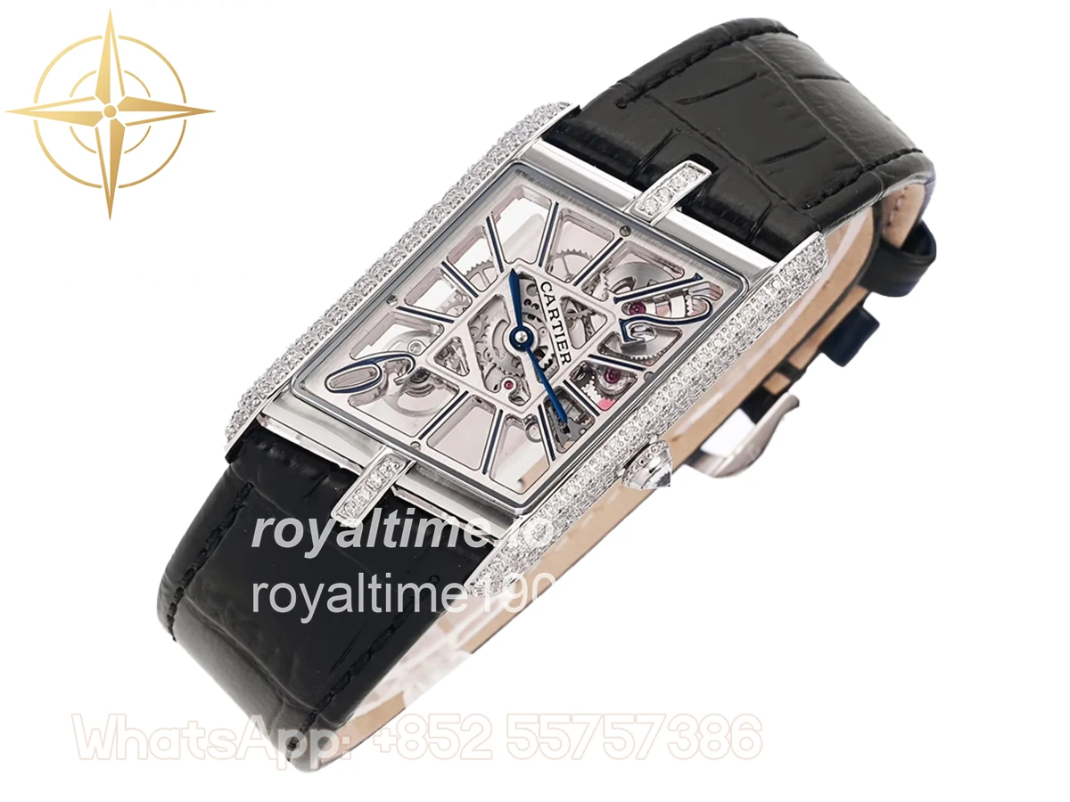 Cartier Tank Asymetrique Watch with Diamond Bezel on Steel in Black Leather Strap - Image 2