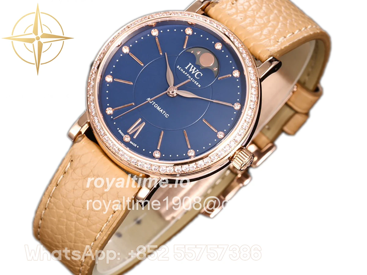 IWC Portofino IW6596 Automatic Moon Phase 37 Blue Dial in Rose Gold on Brown Leather Strap - Image 2
