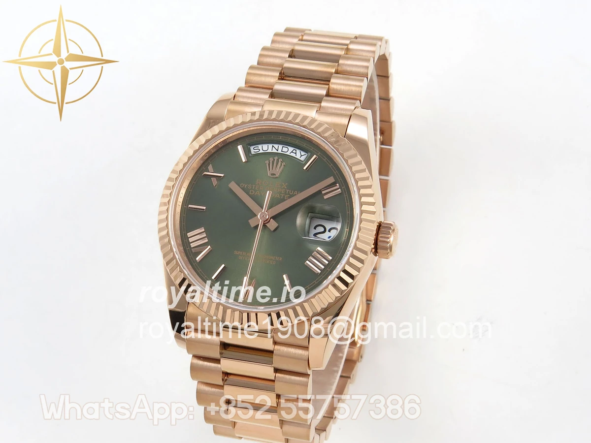 Rolex Day Date 36 RG QF 904L Steel Green Roman Dial on President Bracelet A2836 V3 - Image 3