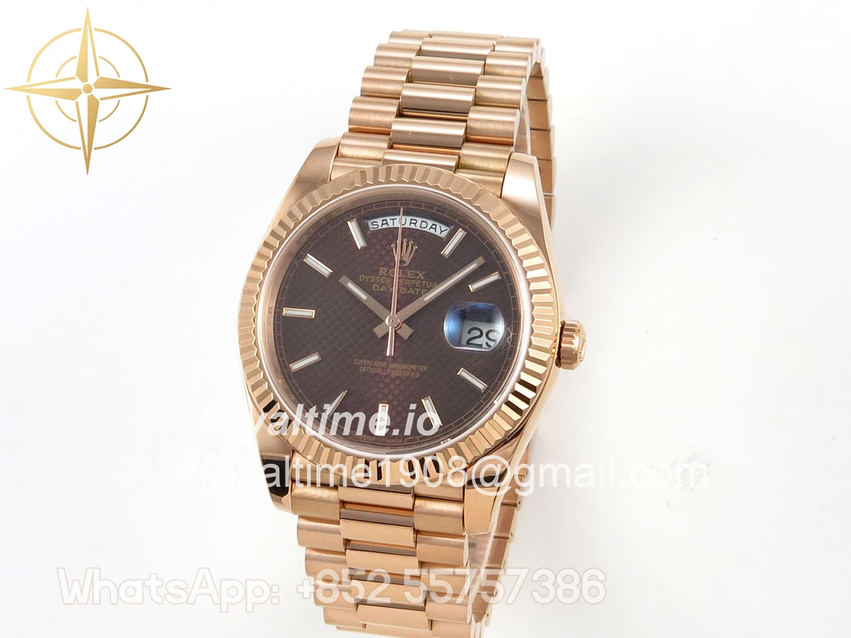 Rolex Day Date 40 RG TMF Brown Textured Stick Dial on President Bracelet VR3255 (Weighted) 208g - Image 3