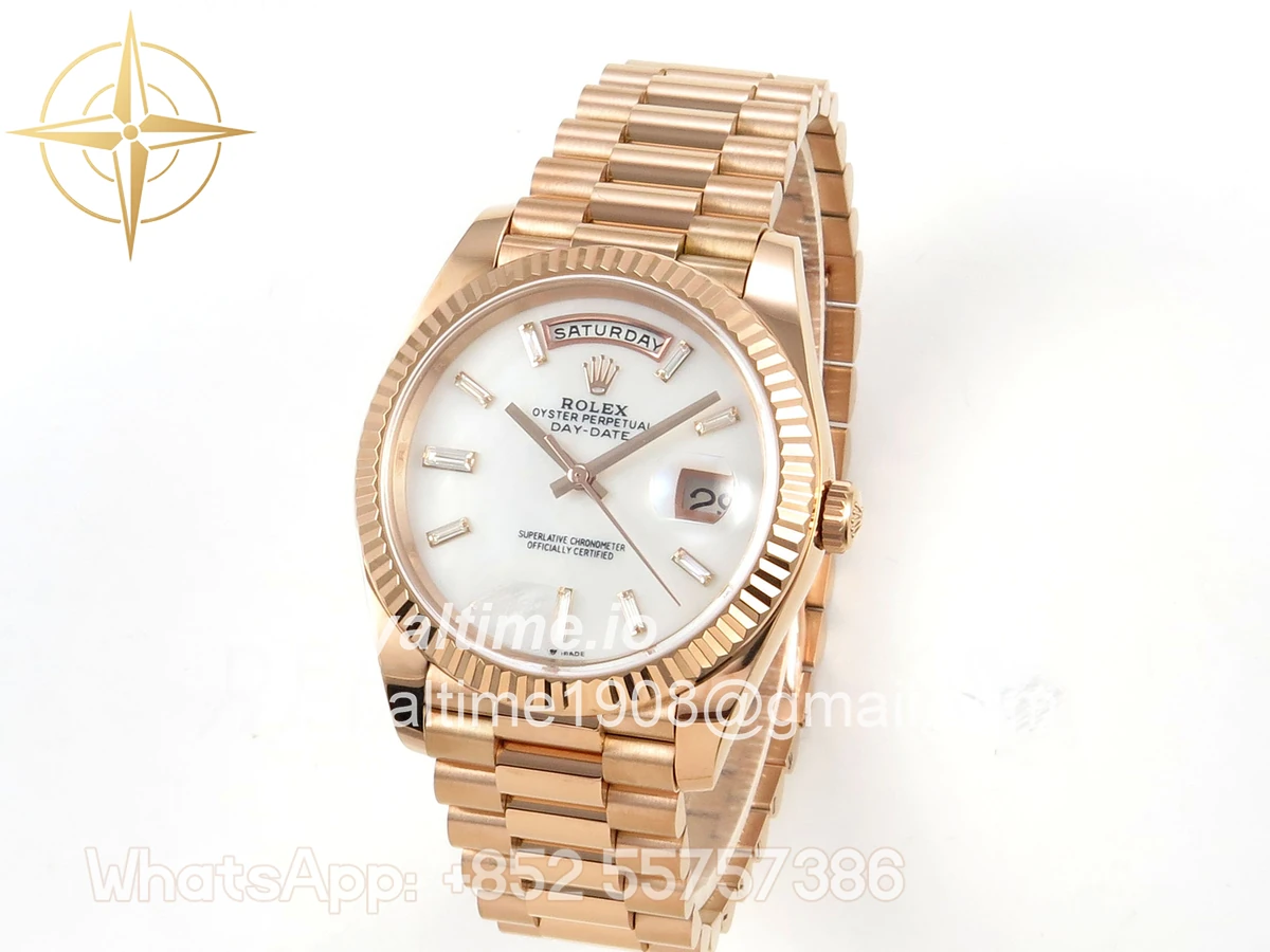 Rolex Day Date 40 RG TMF White MOP Diamonds Dial on President Bracelet VR3255 (Weighted) 208g - Image 3