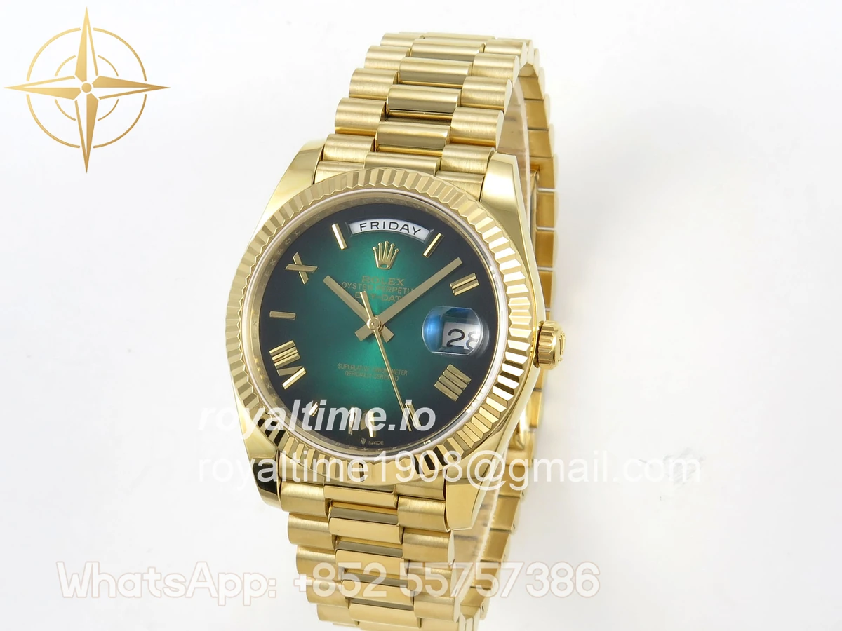Rolex Day Date 40 YG TMF Green Ombre Roman Dial on President Bracelet VR3255 (Weighted) 208g - Image 3