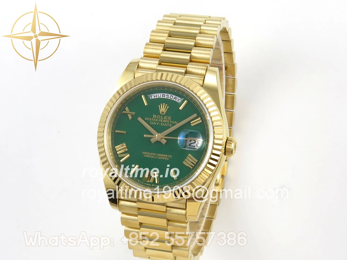Rolex Day Date 40 YG TMF Green Roman Dial on President Bracelet VR3255 (Weighted) 208g - Image 3