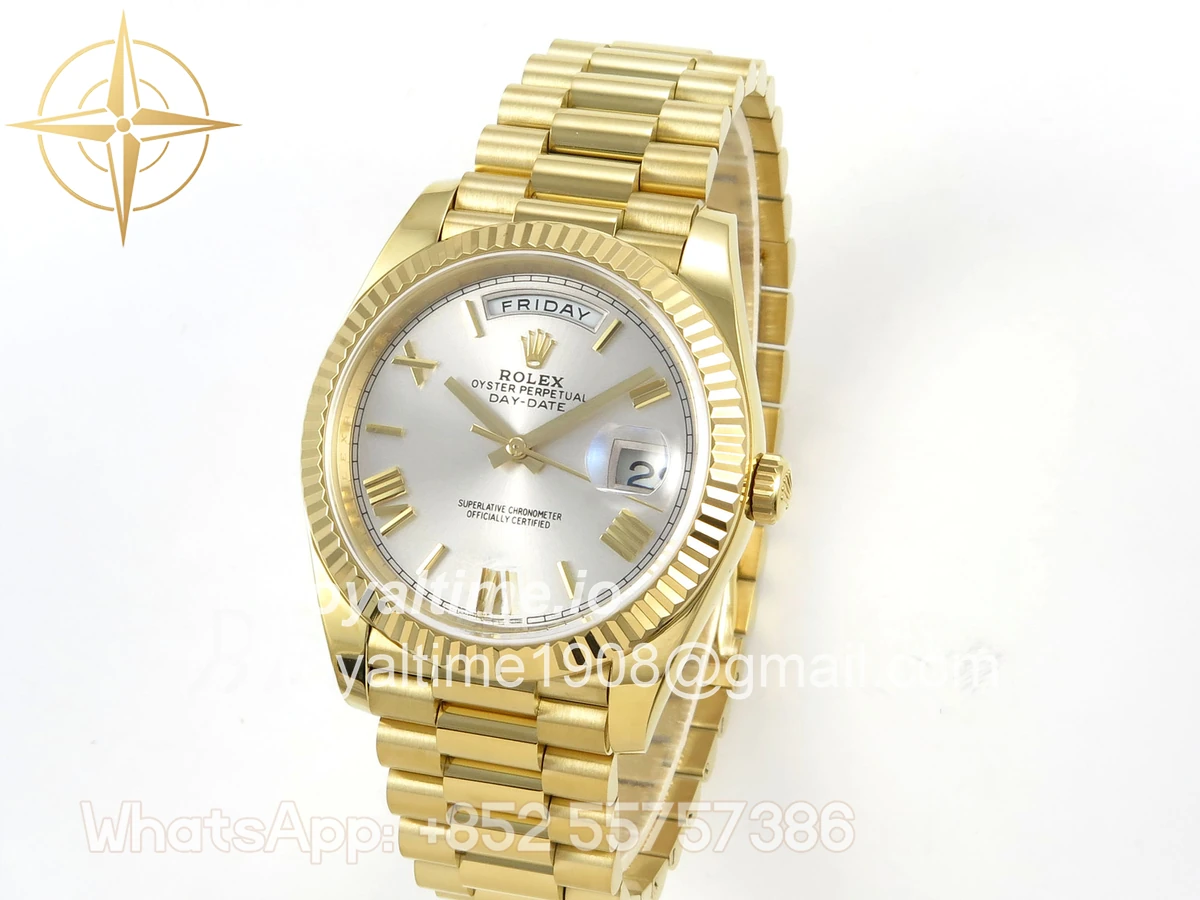 Rolex Day Date 40 YG TMF Silver Roman Dial on President Bracelet VR3255 (Weighted) 208g - Image 3