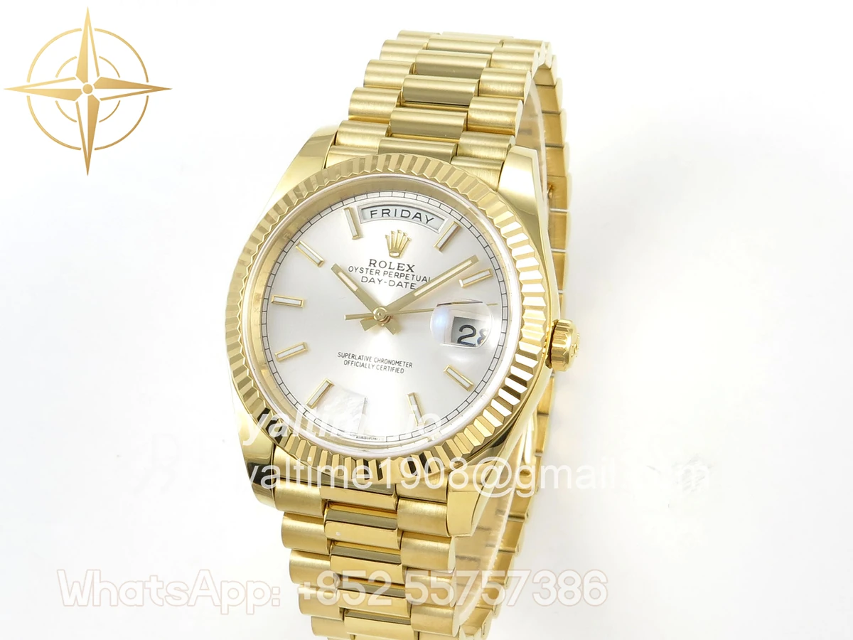 Rolex Day Date 40 YG TMF Silver Stick Dial on President Bracelet VR3255 (Weighted) 208g - Image 3