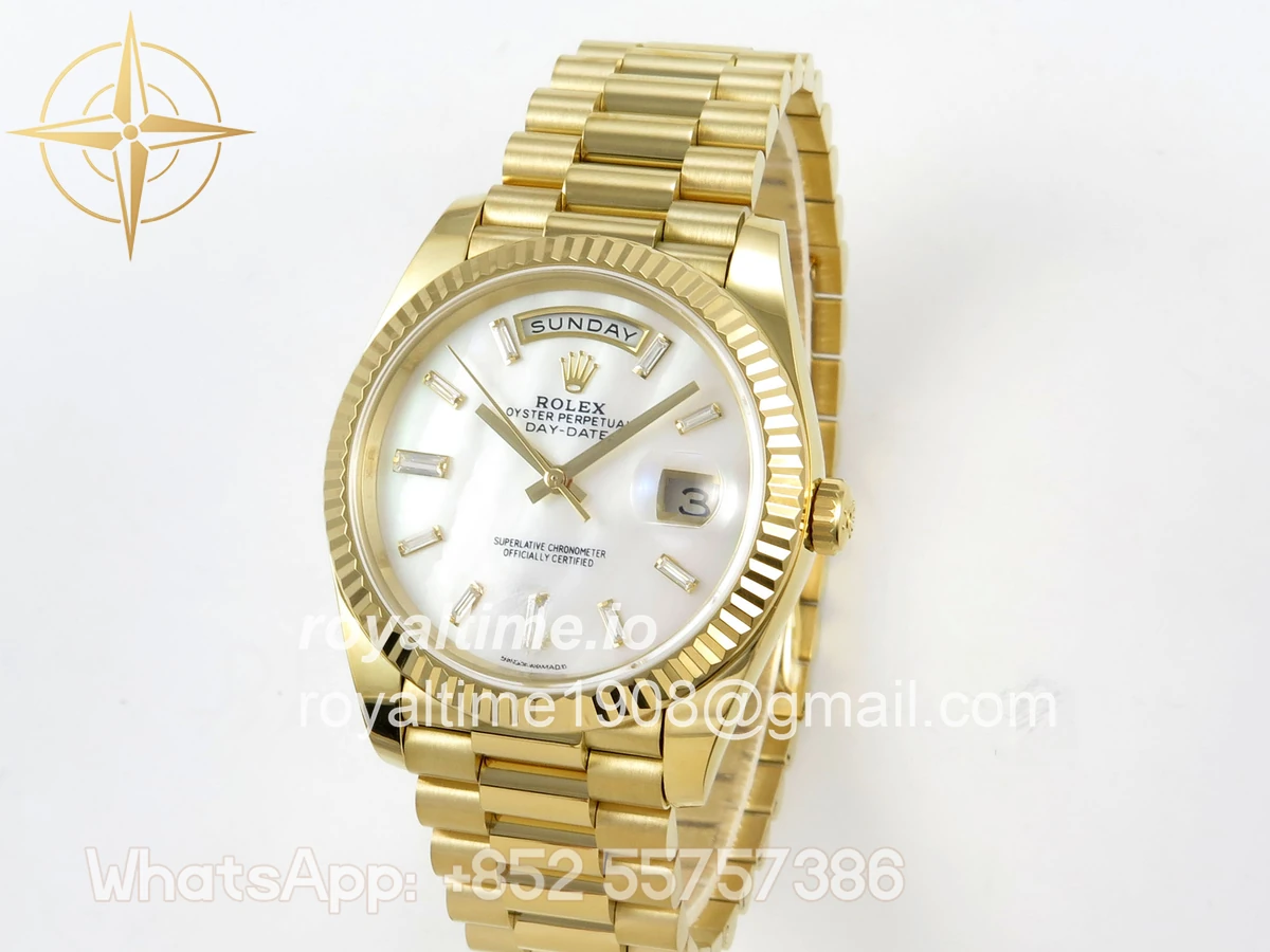 Rolex Day Date 40 YG TMF White MOP Diamonds Dial on President Bracelet VR3255 (Weighted) 208g - Image 3