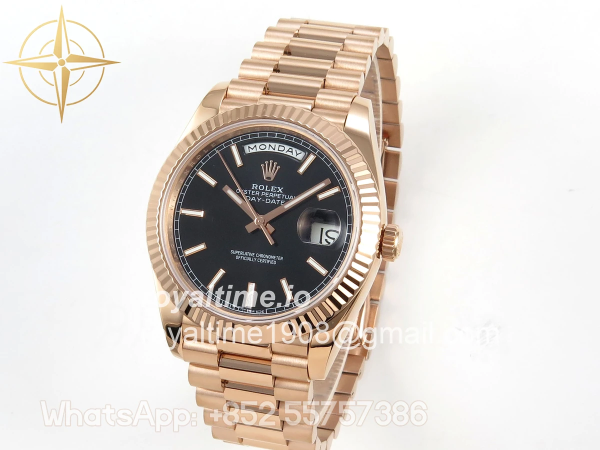 Rolex DayDate 40 RG QF 904L Steel Black Stick Dial on President Bracelet VR3255 V8 (Gain Weight) - Image 3