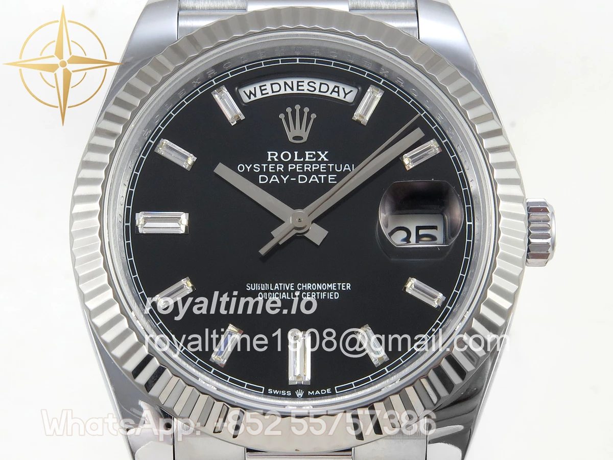 Rolex DayDate 40 SS QF 904L Steel Black Crystal Dial on President Bracelet VR3255 V8 (Gain Weight) - Image 3