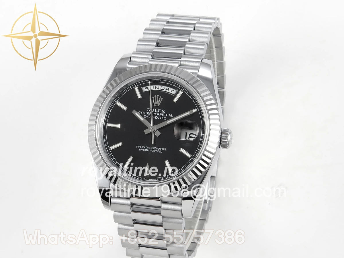 Rolex DayDate 40 SS QF 904L Steel Black Stick Dial on President Bracelet VR3255 V8 (Gain Weight) - Image 3