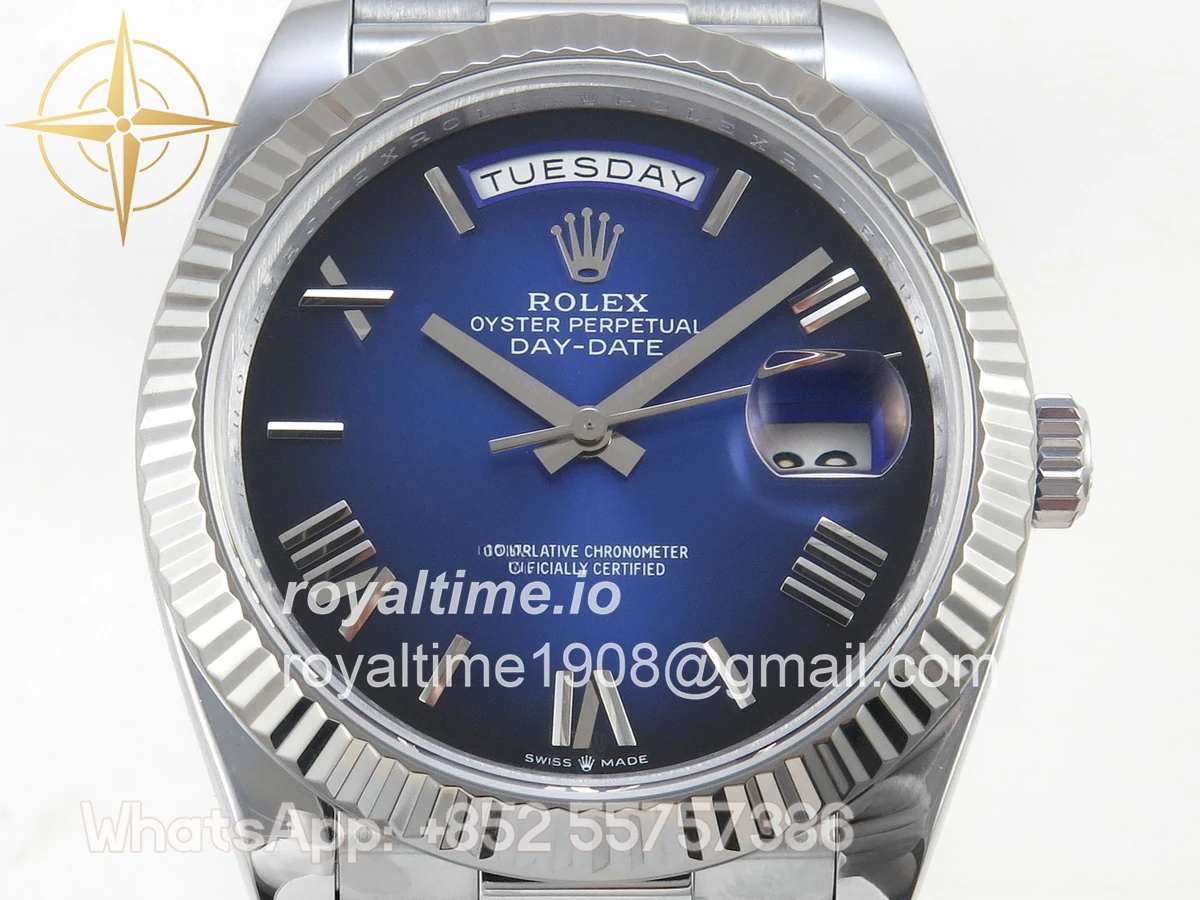 Rolex DayDate 40 SS QF 904L Steel Blue Ombre Roman Dial on President Bracelet VR3255 V8 (Gain Weight) - Image 3