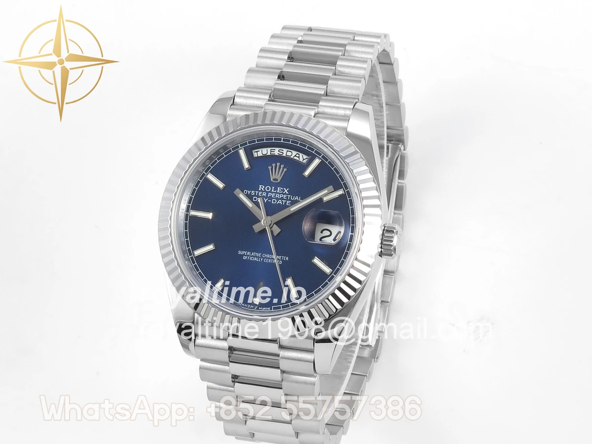 Rolex DayDate 40 SS QF 904L Steel Blue Stick Dial on President Bracelet VR3255 V8 (Gain Weight) - Image 3
