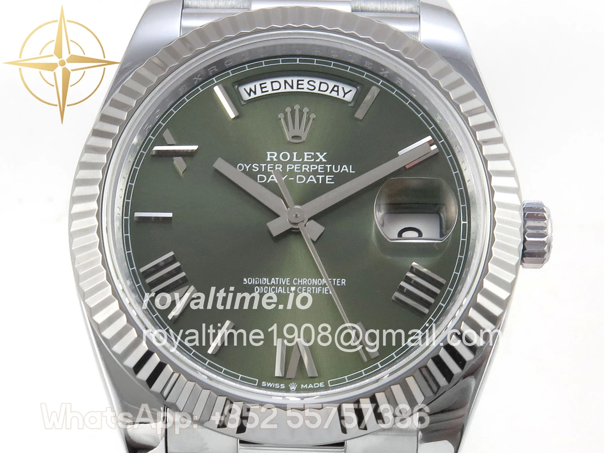 Rolex DayDate 40 SS QF 904L Steel Green Roman Dial on President Bracelet VR3255 V8 (Gain Weight) - Image 3