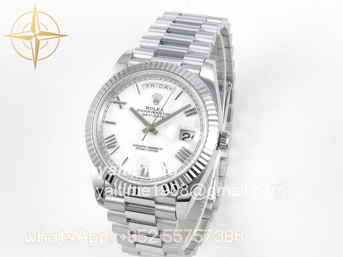 Rolex DayDate 40 SS QF 904L Steel White Roman Dial on President Bracelet VR3255 V8 (Gain Weight) - Image 3