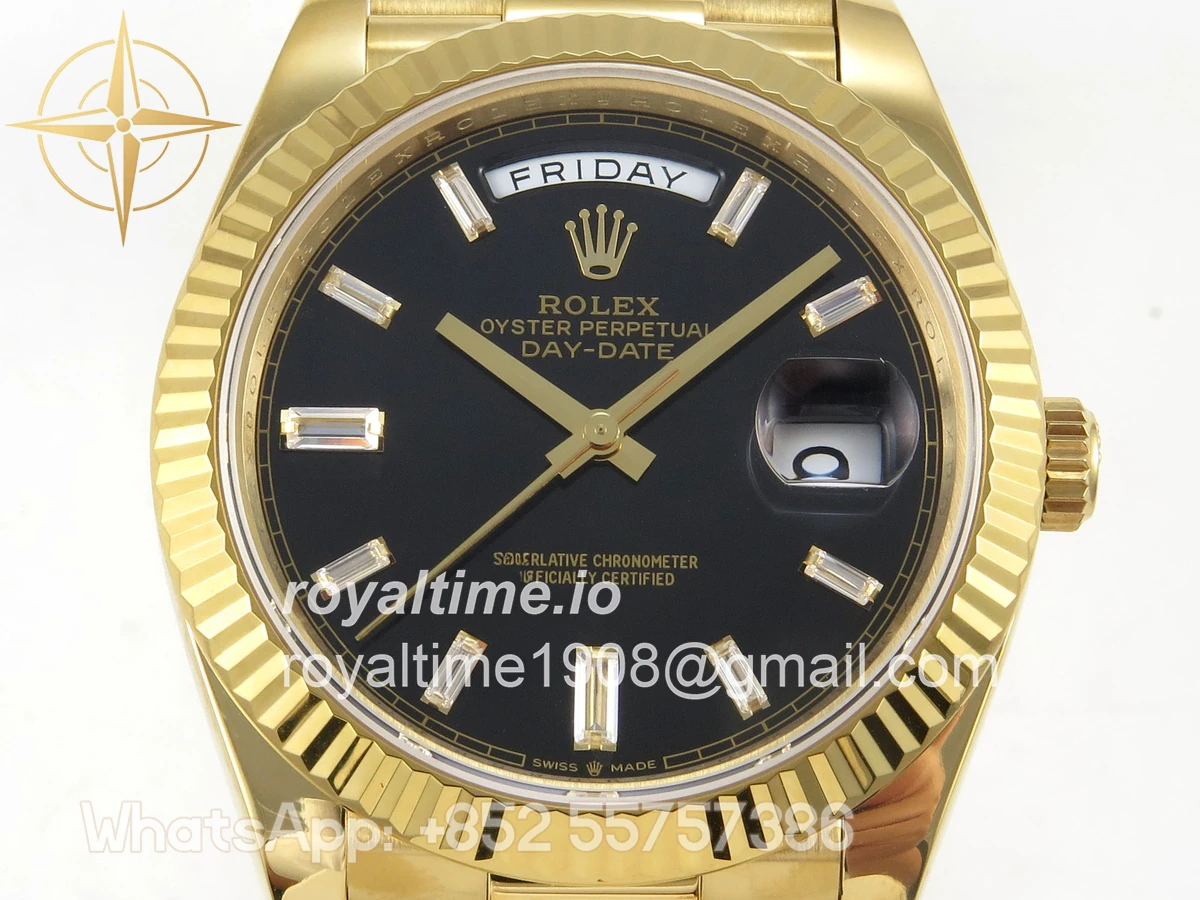 Rolex DayDate 40 YG QF 904L Steel Black Crystal Dial on President Bracelet VR3255 V8 (Gain Weight) - Image 3