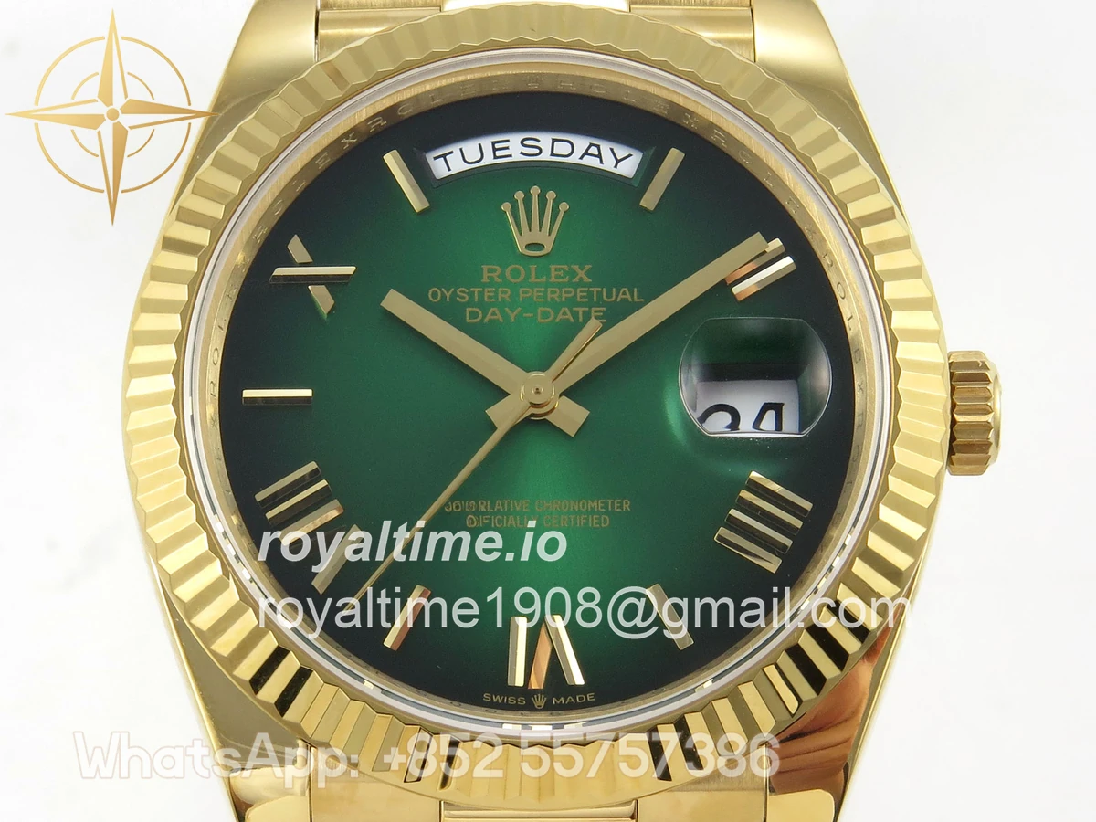 Rolex DayDate 40 YG QF 904L Steel Green Ombre Roman Dial on President Bracelet VR3255 V8 (Gain Weight) - Image 3