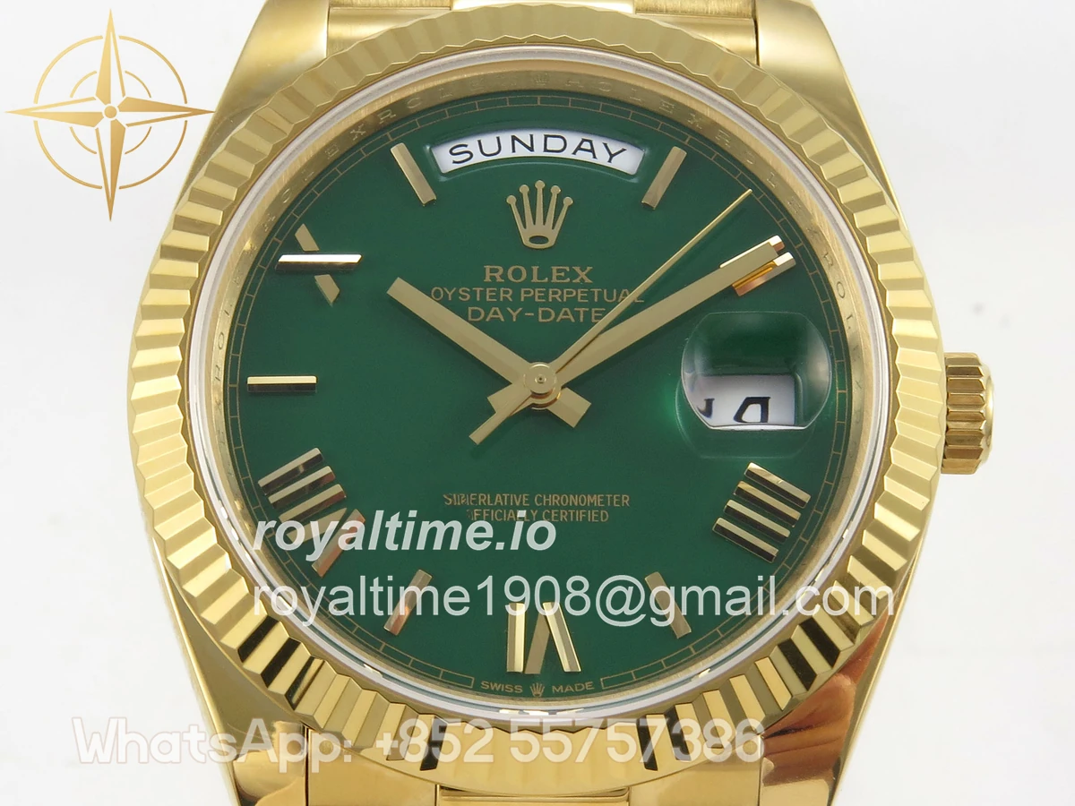 Rolex DayDate 40 YG QF 904L Steel Green Roman Dial on President Bracelet VR3255 V8 (Gain Weight) - Image 3