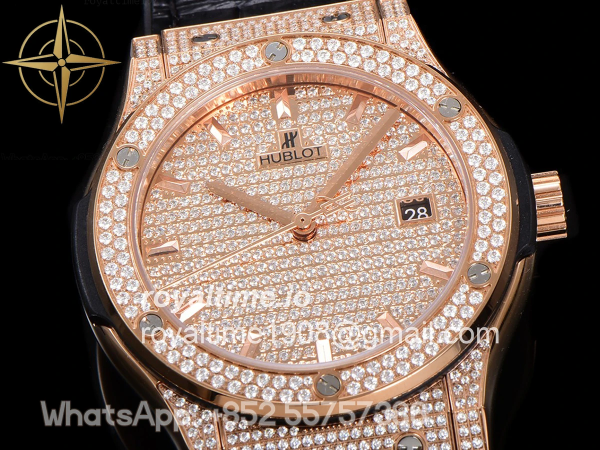 Hublot Classic Fusion Automatic 42mm Diamond Paved Dial in Rose Gold on Black Leather Strap - Image 3