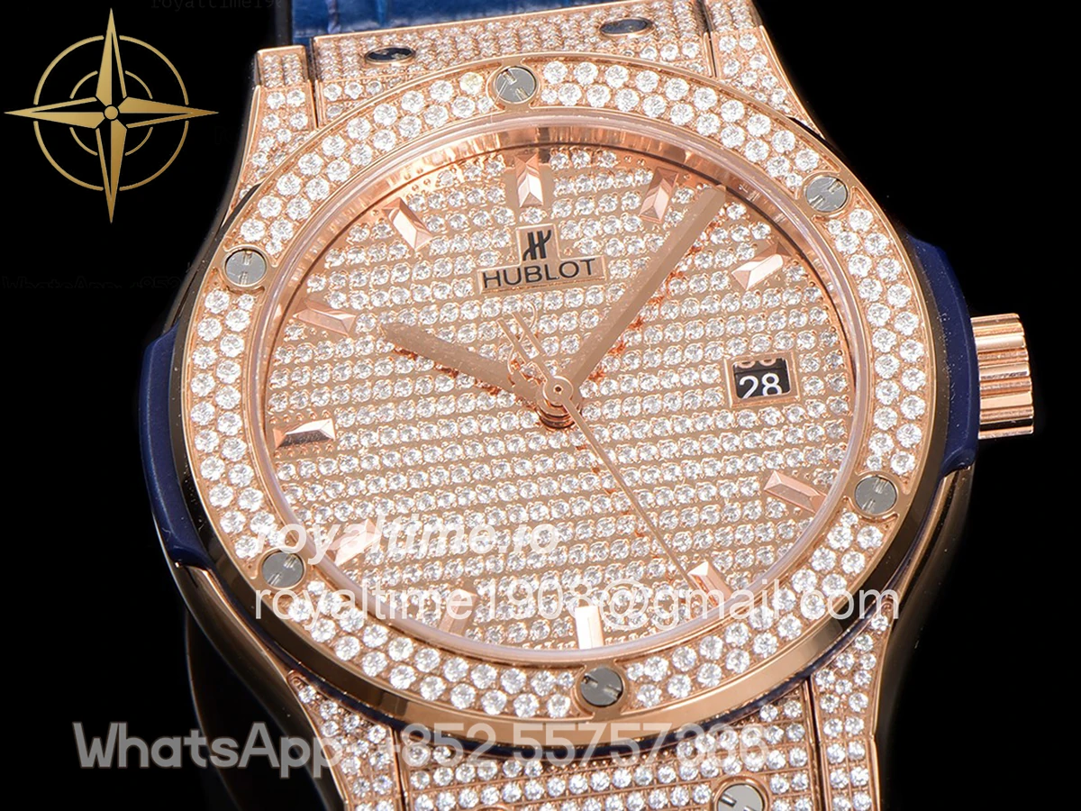 Hublot Classic Fusion Automatic 42mm Diamond Paved Dial in Rose Gold on Blue Leather Strap - Image 3