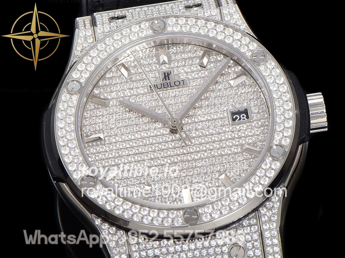 Hublot Classic Fusion Automatic 42mm Diamond Paved Dial in Steel on Black Leather Strap - Image 3
