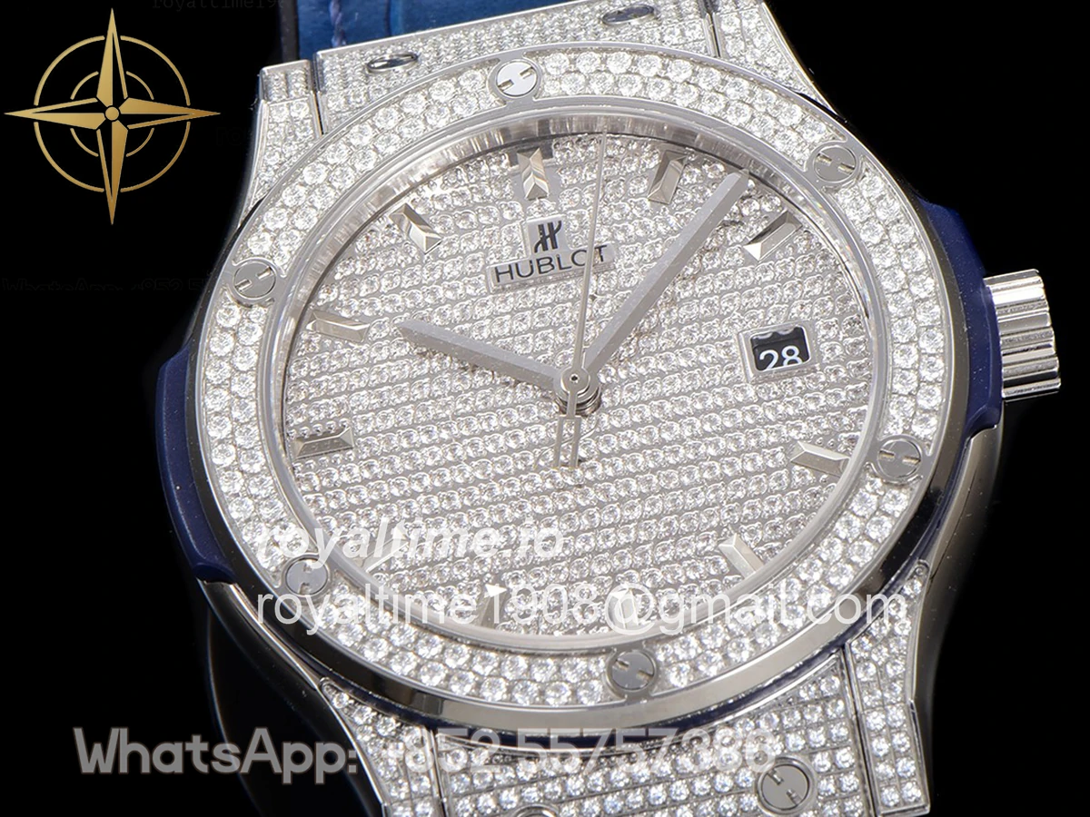 Hublot Classic Fusion Automatic 42mm Diamond Paved Dial in Steel on Blue Leather Strap - Image 3