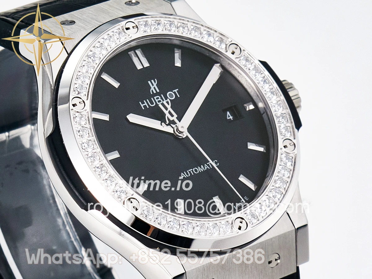 Hublot Classic Fusion Bang 42mm HBF Black Dial Diamonds Bezel on Black Leather Strap A2892 - Image 3