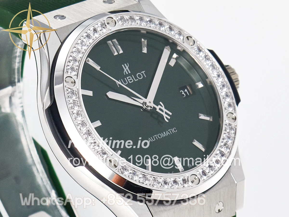 Hublot Classic Fusion Bang 42mm HBF Green Dial Diamonds Bezel on Green Rubber Strap A2892 - Image 3