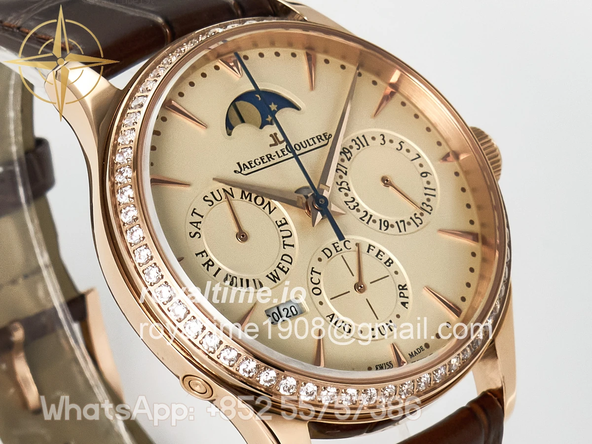 Jaeger-LeCoultre Master Ultra Thin Perpetual Calendar RG V9F Cream Dial Diamonds Bezel on Brown Leather Strap A868 V2 - Image 3