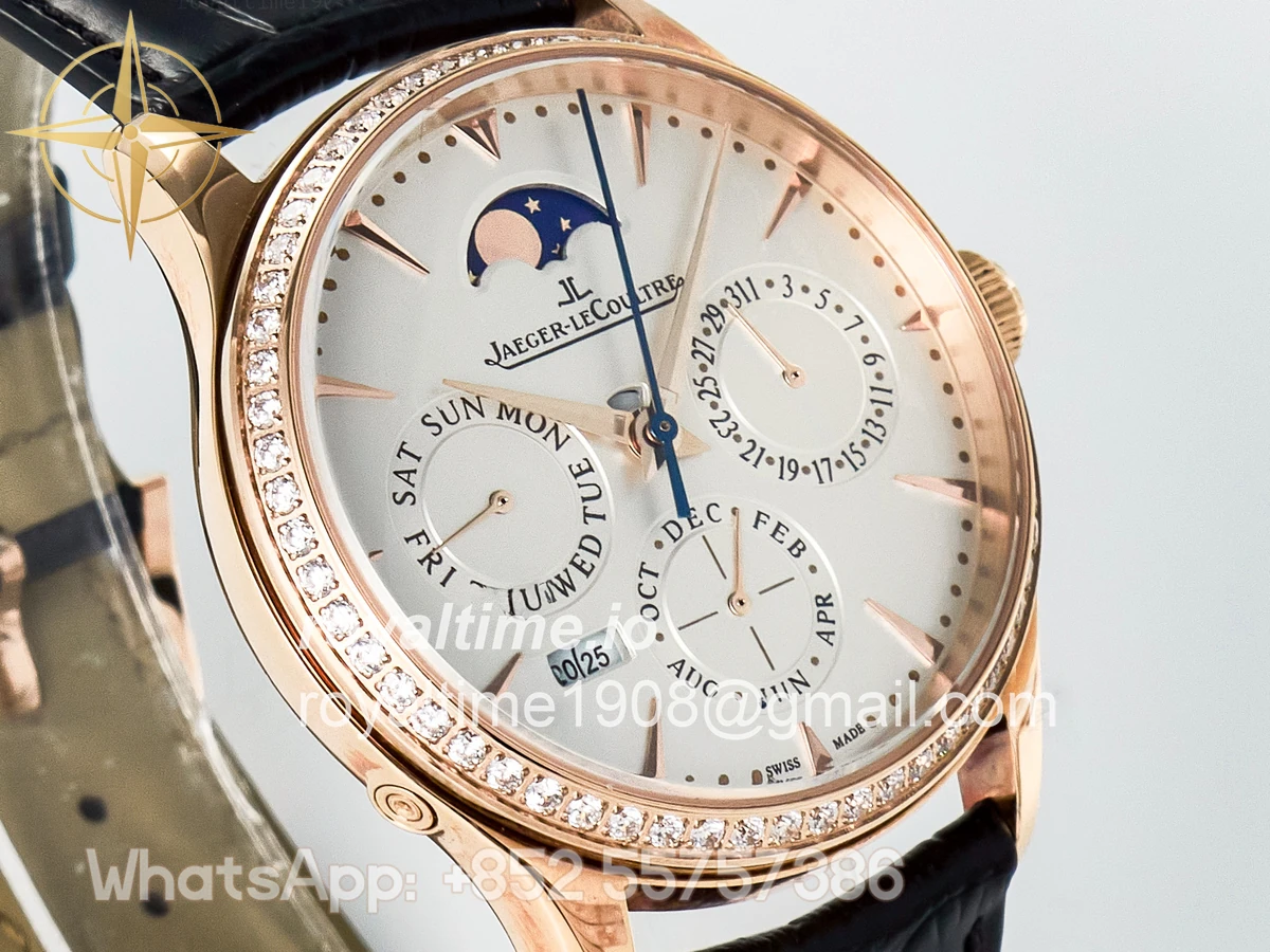 Jaeger-LeCoultre Master Ultra Thin Perpetual Calendar RG V9F White Dial Diamonds Bezel on Black Leather Strap A868 V2 - Image 3