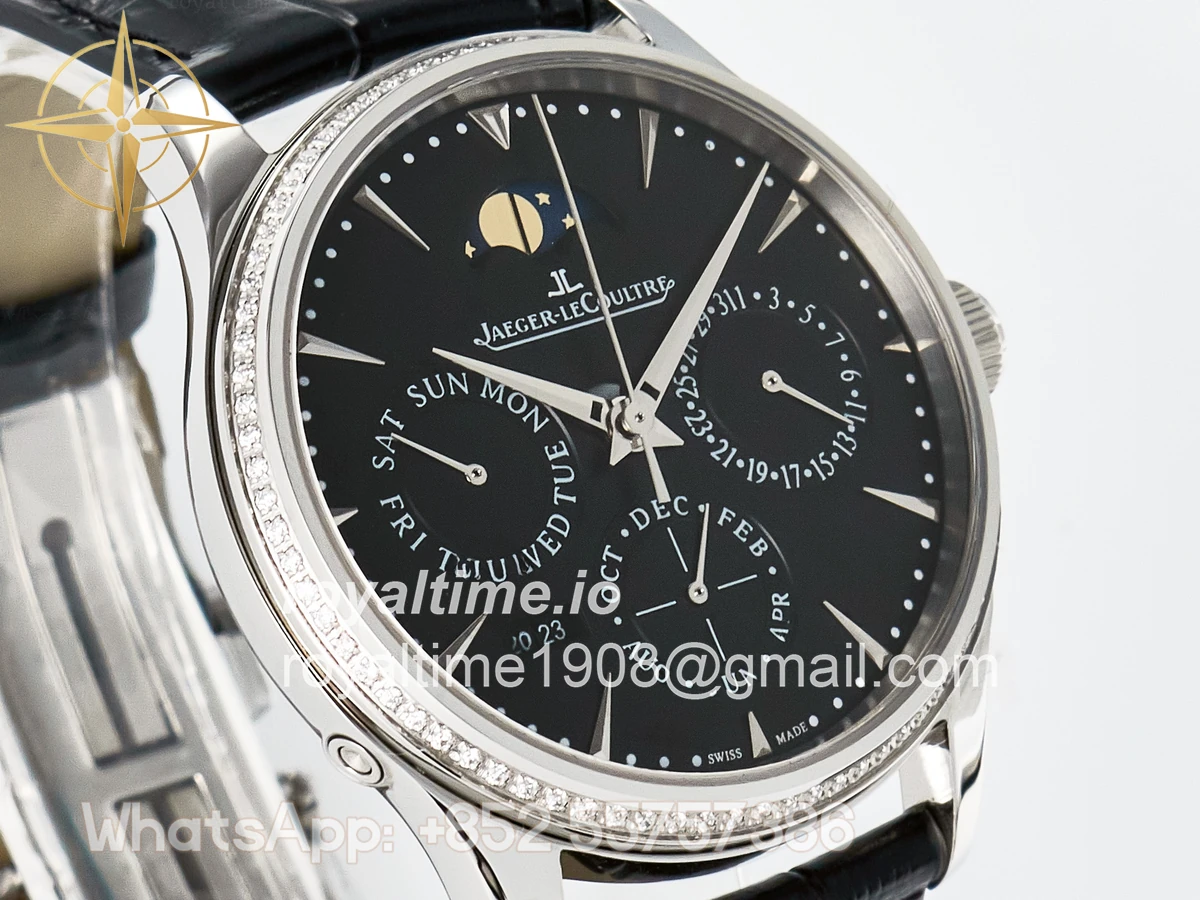 Jaeger-LeCoultre Master Ultra Thin Perpetual Calendar SS V9F Black Dial Diamonds Bezel on Black Leather Strap A868 V2 - Image 3