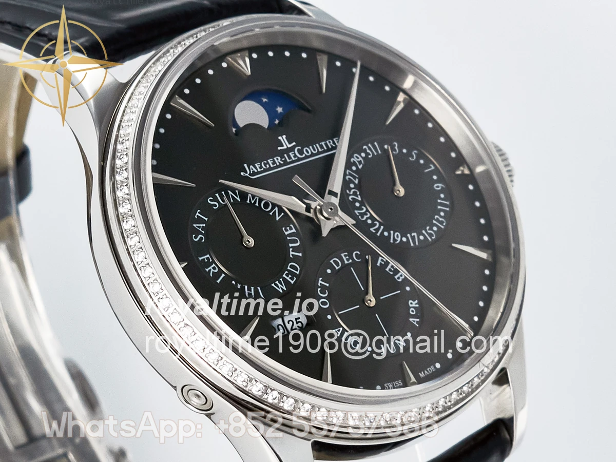 Jaeger-LeCoultre Master Ultra Thin Perpetual Calendar SS V9F Gray Dial Diamonds Bezel on Black Leather Strap A868 V2 - Image 3