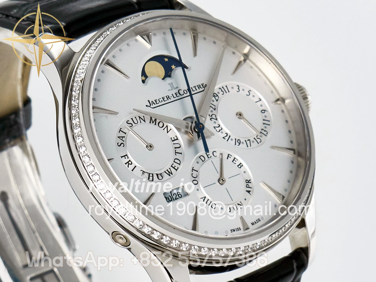Jaeger-LeCoultre Master Ultra Thin Perpetual Calendar SS V9F White Dial Diamonds Bezel on Black Leather Strap A868 V2 - Image 3