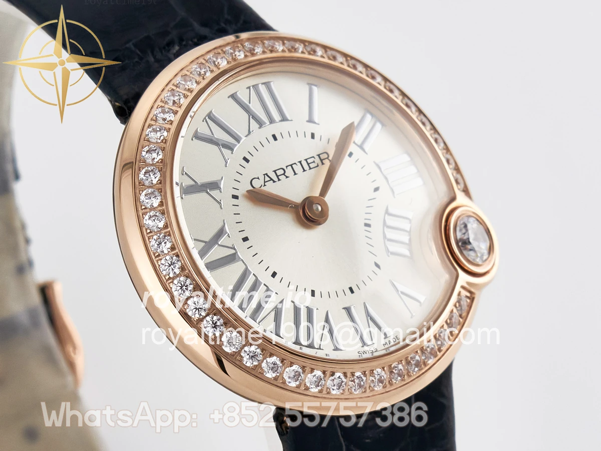 Cartier Ballon Blanc De Cartier 30mm RG DRF Silvered Texture Dial Diamonds Bezel on Black Leather Strap Ronda Quartz - Image 3
