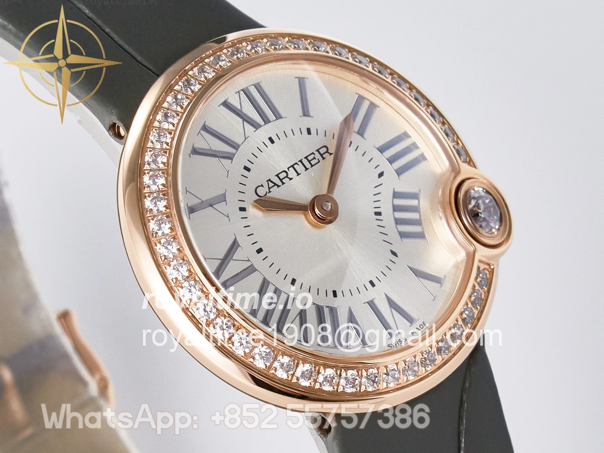 Cartier Ballon Blanc De Cartier 30mm RG DRF Silvered Texture Dial Diamonds Bezel on Green Leather Strap Ronda Quartz - Image 3