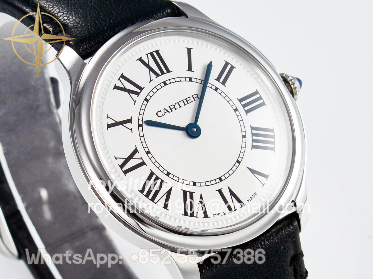 Cartier Ronde De Cartier 36mm DRF Sandblasted Silver-Plated White Dial on Black Leather Strap Ronda Quartz - Image 3
