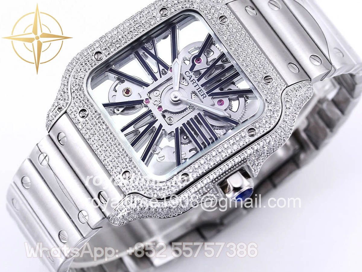 Cartier Santos De Cartier Watch Skeleton Dial Black Marker with Diamond Bezel in Steel - Image 3