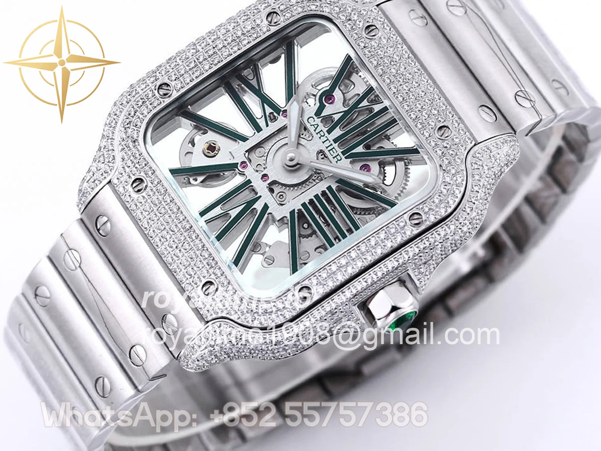 Cartier Santos De Cartier Watch Skeleton Dial Green Marker with Diamond Bezel in Steel - Image 3
