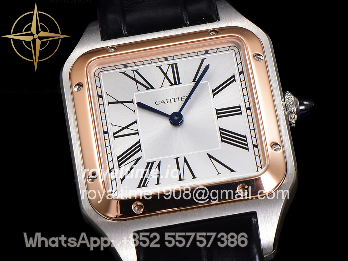 Cartier Santos-Dumont (Large) Silver Dial in Steel/Rose Gold on Black Leather Strap Ref. W2SA0011 - Image 3