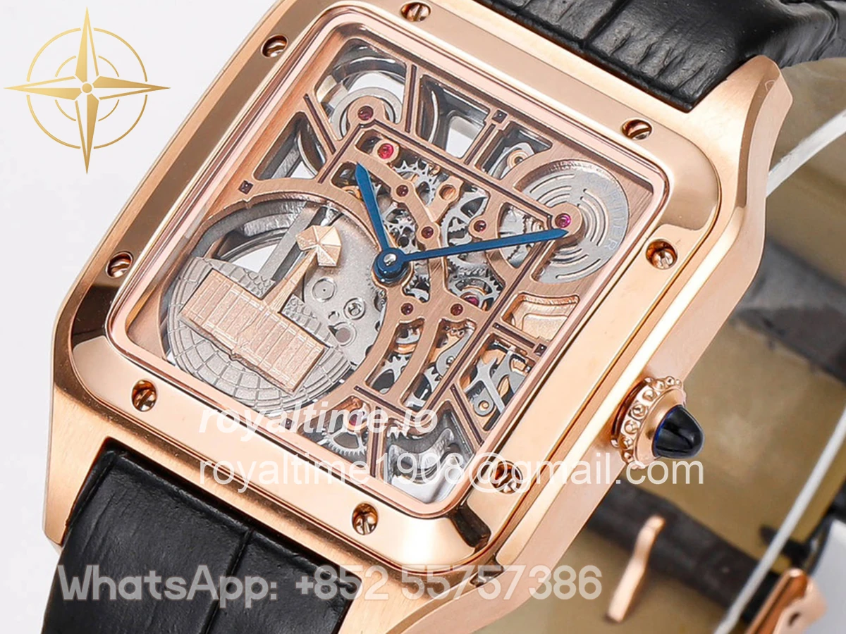Cartier Santos-Dumont (Large) Skeleton Watch in Rose Gold on Black Leather Strap - Image 3