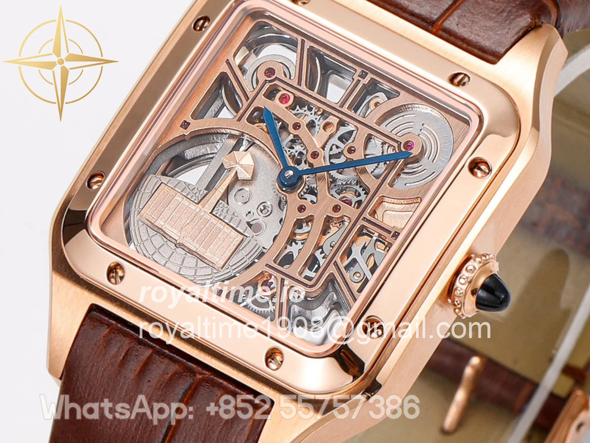 Cartier Santos-Dumont (Large) Skeleton Watch in Rose Gold on Brown Leather Strap - Image 3