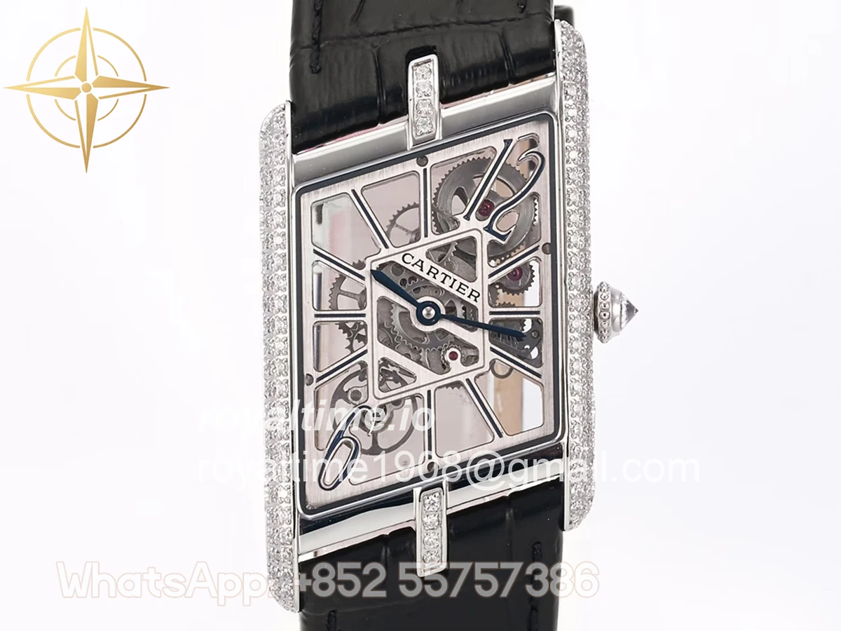 Cartier Tank Asymetrique Watch with Diamond Bezel on Steel in Black Leather Strap - Image 3