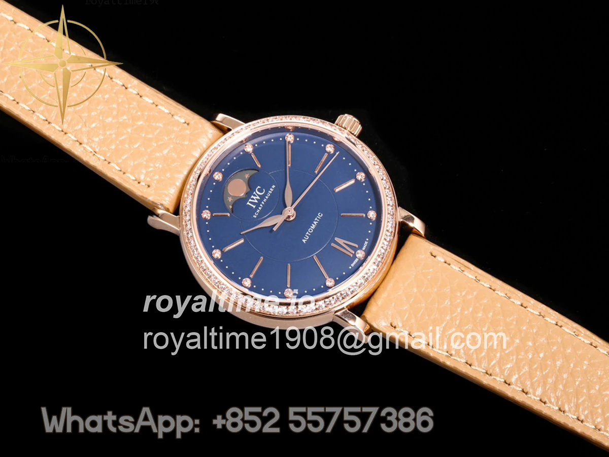 IWC Portofino IW6596 Automatic Moon Phase 37 Blue Dial in Rose Gold on Brown Leather Strap - Image 3