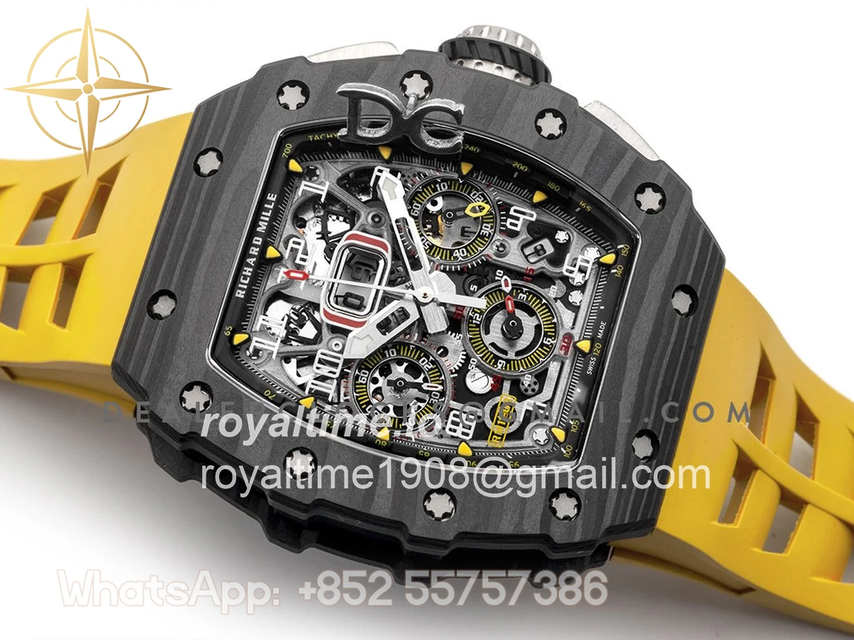 Richard Mille RM 011 Automatic Flyback Chronograph Carbon on Yellow Rubber Strap - Image 3
