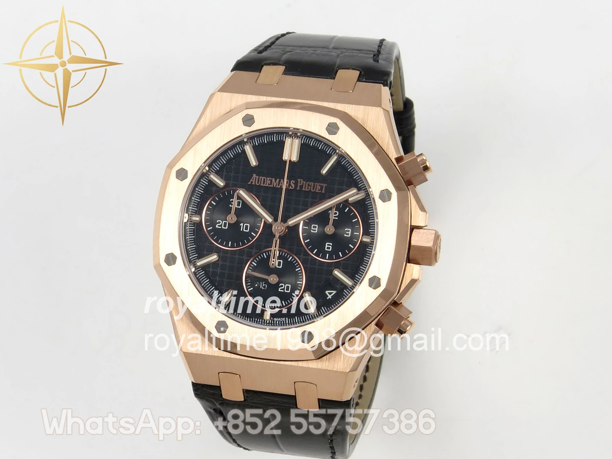 Audemars Piguet Royal Oak Chrono 26240 RG DDF Black Dial on Black Leather Strap DD4401 Gain Weight (SW Dial) - Image 3