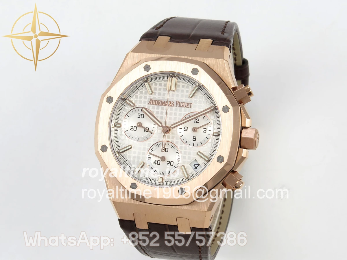Audemars Piguet Royal Oak Chrono 26240 RG DDF White Dial on Brown Leather Strap DD4401 Gain Weight (SW Dial) - Image 3