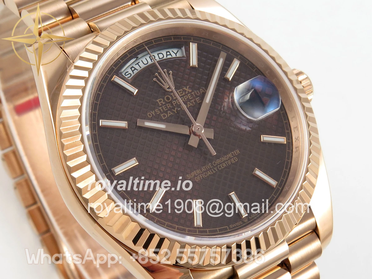 Rolex Day Date 40 RG TMF Brown Textured Stick Dial on President Bracelet VR3255 (Weighted) 208g - Image 4