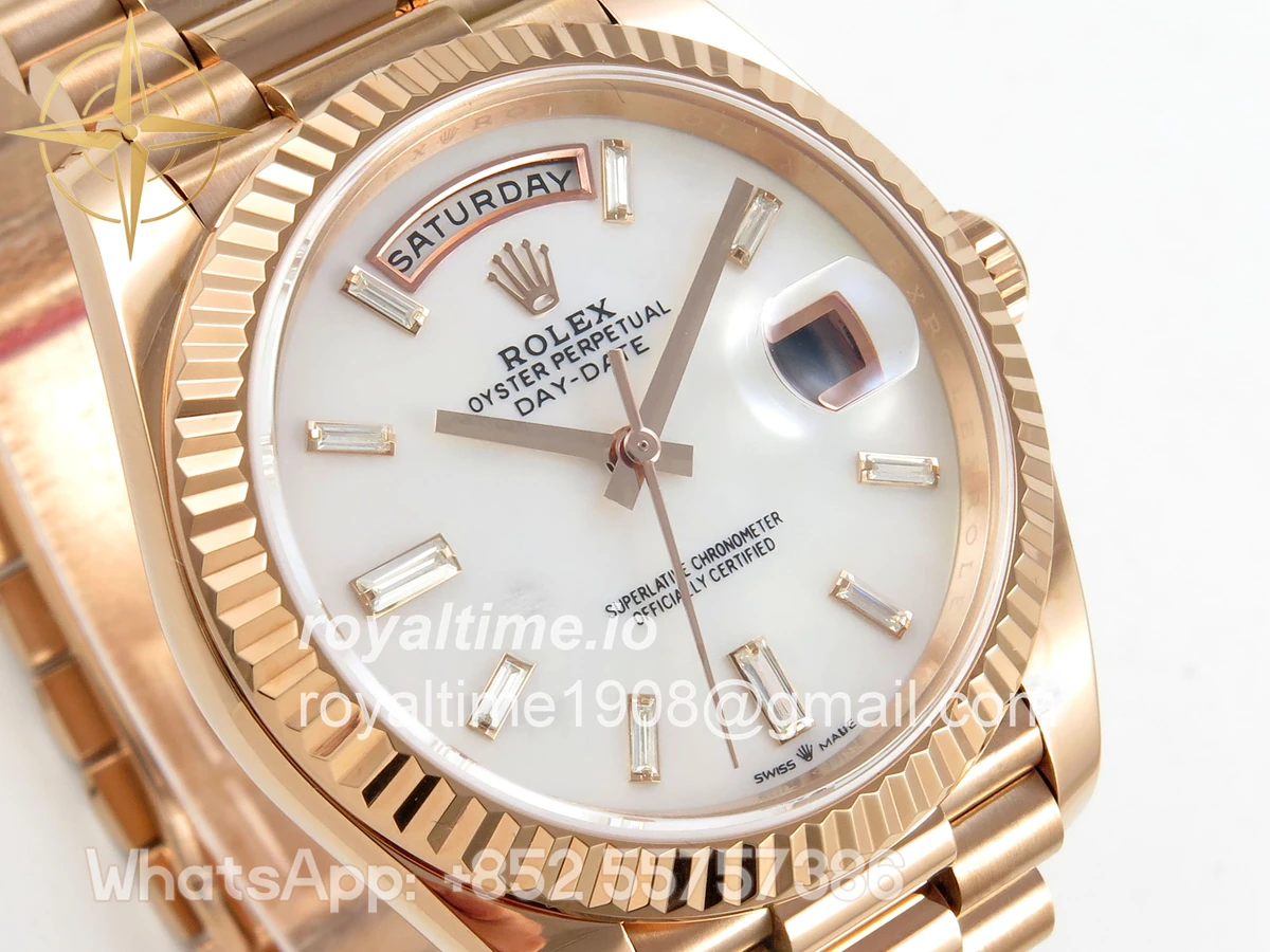 Rolex Day Date 40 RG TMF White MOP Diamonds Dial on President Bracelet VR3255 (Weighted) 208g - Image 4